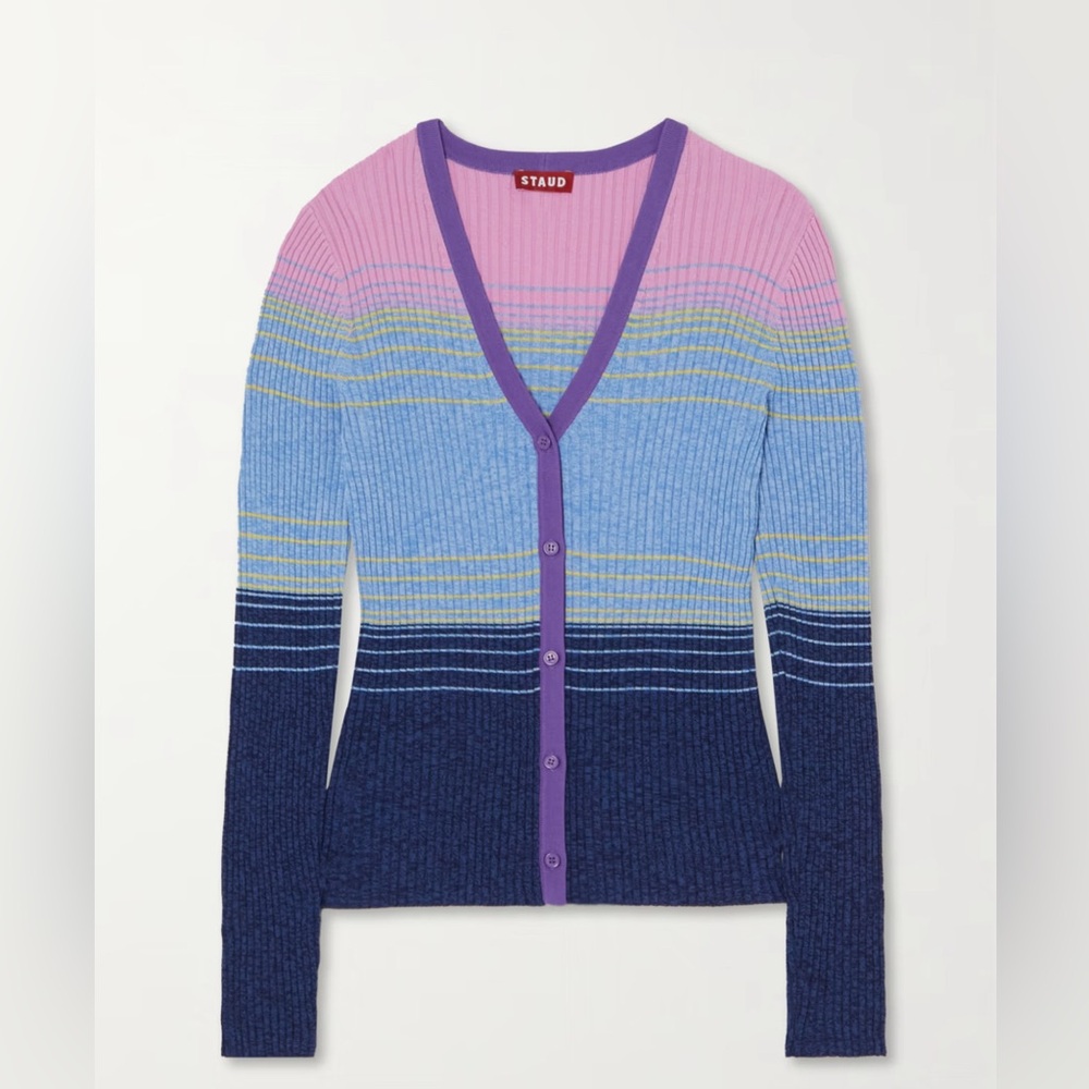 STAUD Purple-Trim Pink, Light Blue & Navy Stripe Ribbed Cardigan